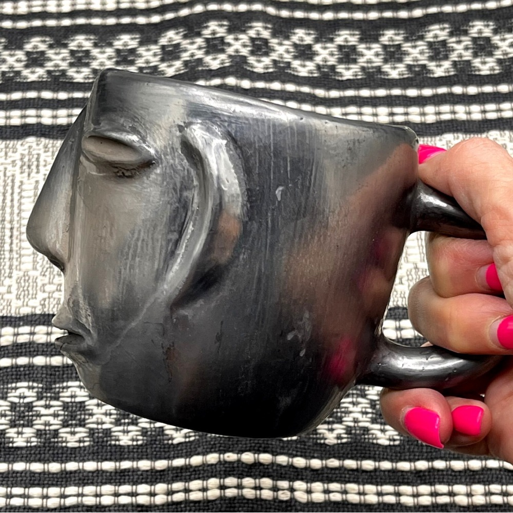BARRO NEGRO, BLACK CLAY COFFEE MUG WITH TRADITIONAL FACE, HANDCRAFTED IN MEXICO